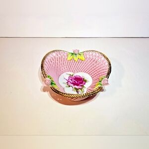 Pink Weave Hand Painted Porcelain Basket Vintage Japanese Floral Gold Trim Decor